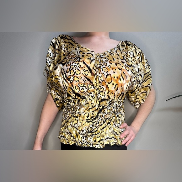 Vintage 1980s Cachè Gold Cheetah Print Silk Dolman Blouse Cinched Waist Women S - Picture 3 of 11